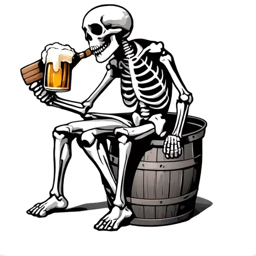 skeleton sitting on beer barrel drinking a beer holding a mash paddle tattoo design idea
