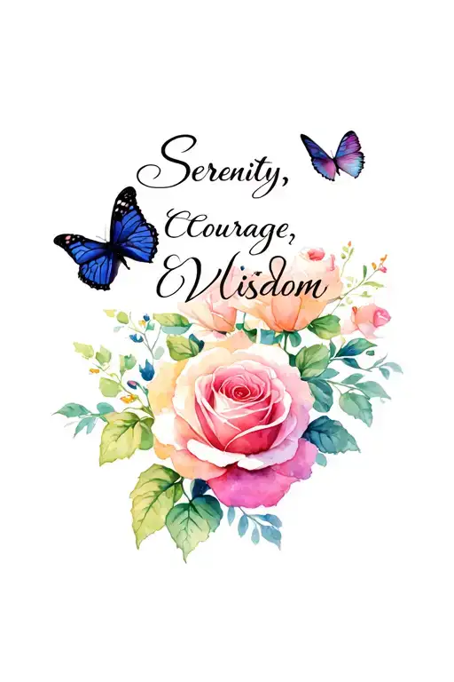 "Serenity, Courage, Wisdom" flowers blooming, roses,butterfly perched, butterfly flying tattoo design idea