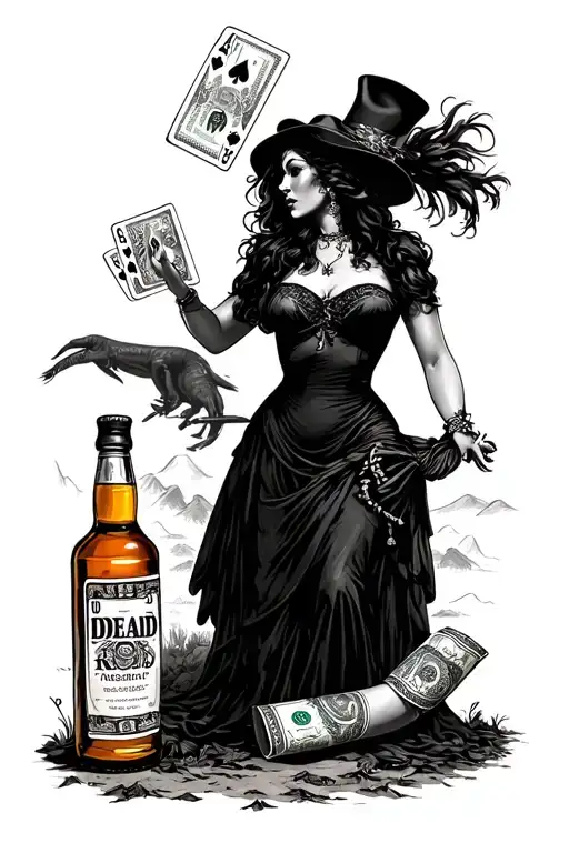 Dead mans road-a road with a woman, playing cards, bottle of wiskey and a rolled up 100$, make it look like an oldschool tattoo design idea
