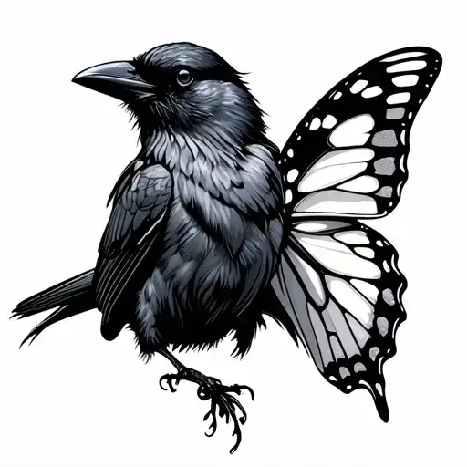 agender crow with butterfly tattoo design idea