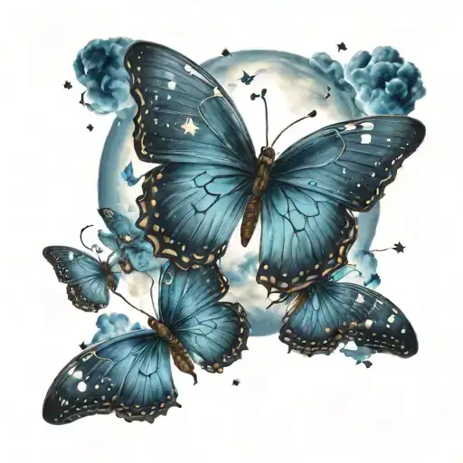 blue butterflies with moon and stars with clouds in the background and small lighting bolts giving  tattoo design idea