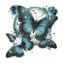 blue butterflies with moon and stars with clouds in the background and small lighting bolts giving  tattoo design idea