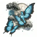 blue butterflies with moon and stars with clouds in the background and small lighting bolts giving  tattoo design idea