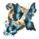 blue butterflies with moon and stars with clouds in the background and small lighting bolts giving  tattoo design idea