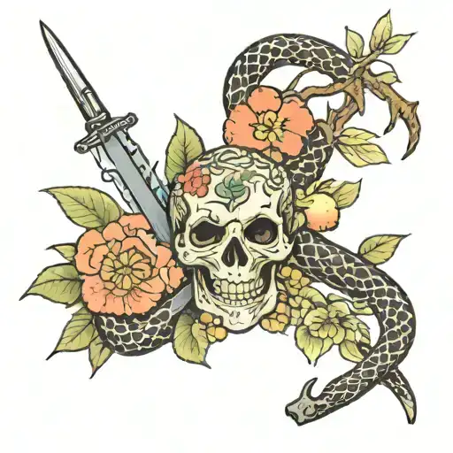 Wildflowers, dagger, venomous snake, forbidden apple fruit tattoo design idea