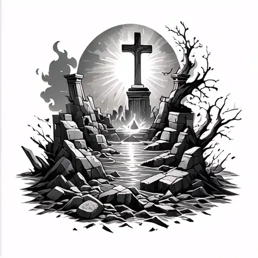 the parting Red Sea, sling & stone, cross, broken pillars, shattered walls, and burning bush all blended on the leg  tattoo design idea