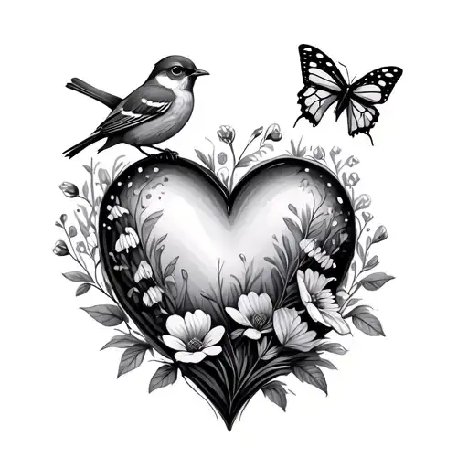 heart with bluebells and flowers with robin and butterfly  tattoo design idea