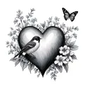 heart with bluebells and flowers with robin and butterfly  tattoo design idea