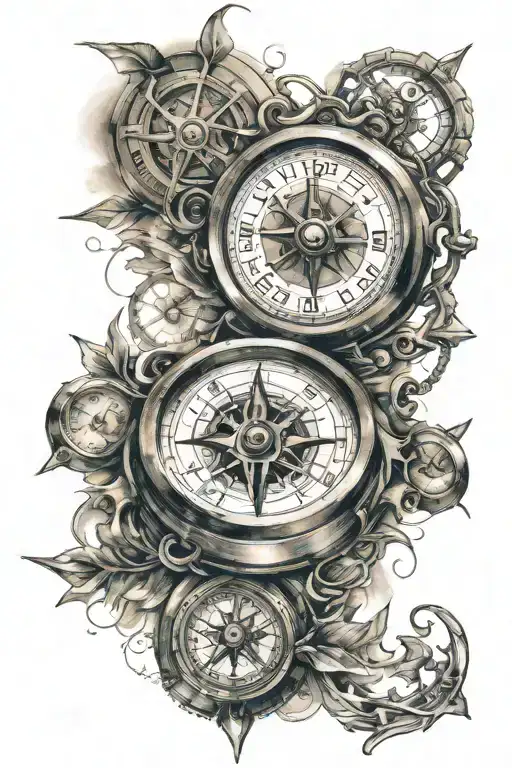 clock and compass surrounded tattoo design idea