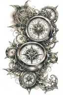 clock and compass surrounded tattoo design idea