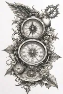 clock and compass surrounded tattoo design idea