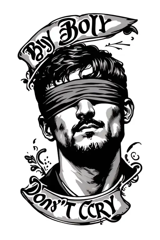 Old school traditional tattoo style. A portrait of a man with a blindfold over his eyes, the words "Boys Don't Cry" writ tattoo design idea