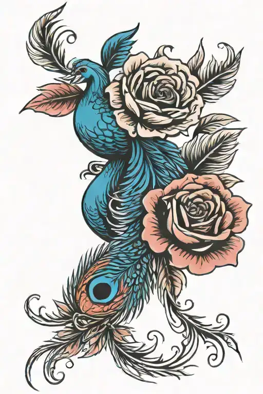 peacock feather roses wrapped tattoo design idea