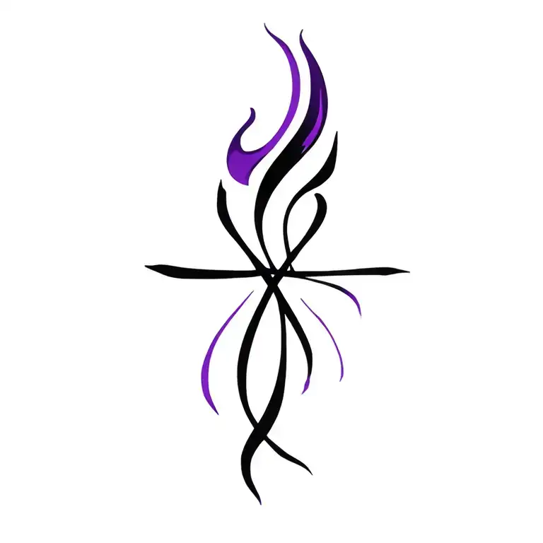 Small black and purple flame with cross intertwined tattoo design idea