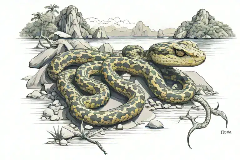 realistic pit viper among thai rocks, with railay beach in the background    tattoo design idea