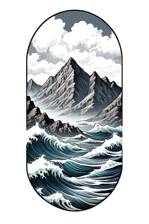 mountain scene and waves tattoo design idea