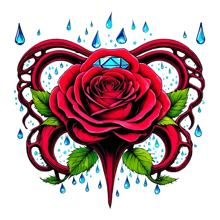 1 blue diamond in middle, red rose, rain drops, surrounded by ovaries fallopian tubes uterus vagin, fertility tattoo design idea