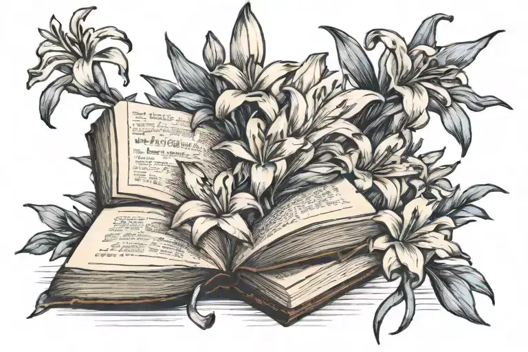 open books surrounded by lillies anf blue bell flowers tattoo design idea