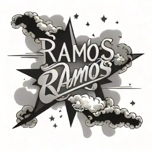 the word "Ramos" on the forearm with clouds and stars around it  tattoo design idea