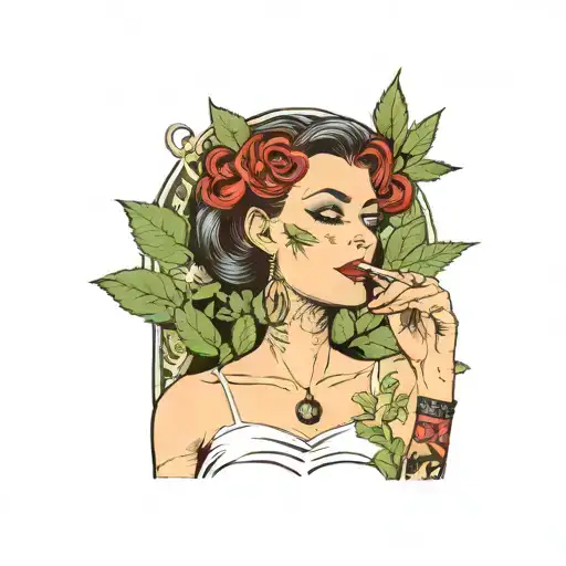 gothic woman smoking a blunt surrounded by weed leaves tattoo design idea