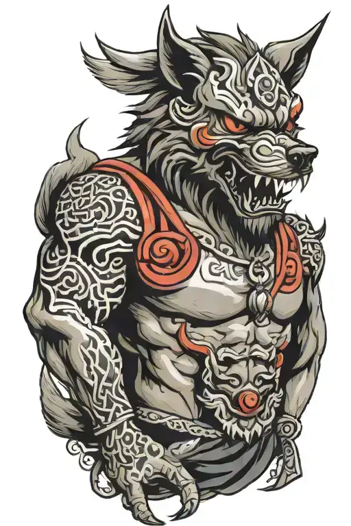 wolf wearing oni mask tattoo design idea