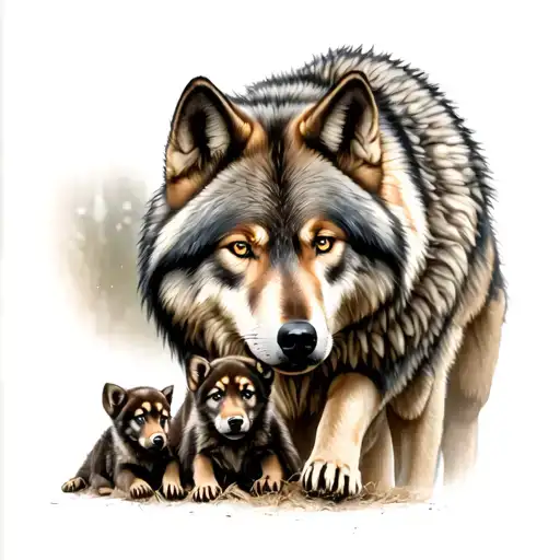 alpha wolf with pups playing near tattoo design idea