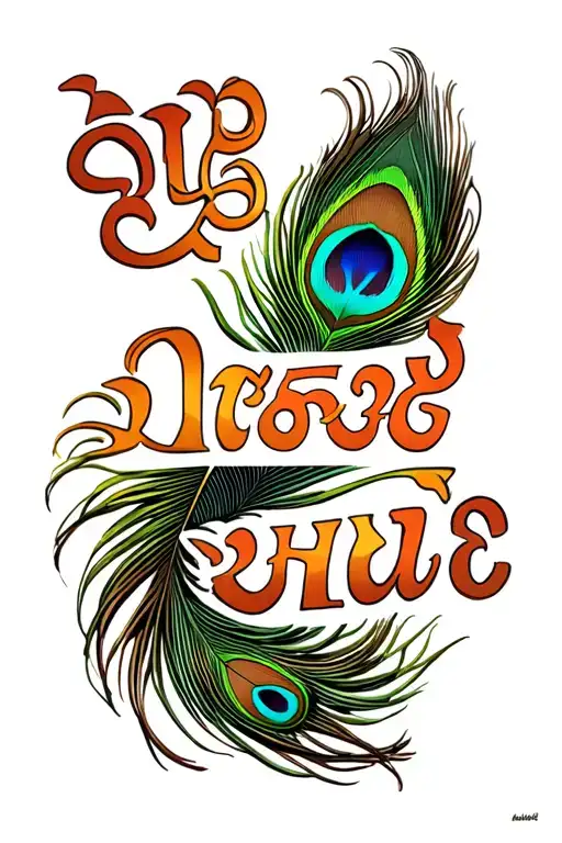"కేశవ" "కేశవ" peacock feather in vibrant and authentic colours intertwined with flute incorporated elegantly with text included tattoo design idea