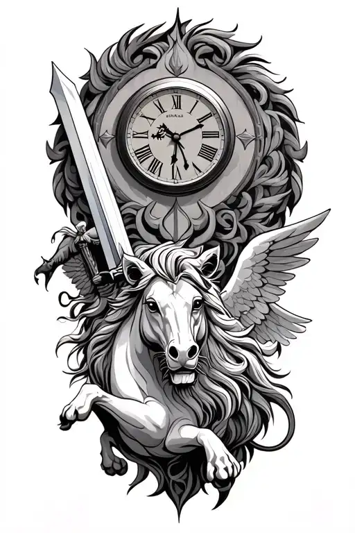 lion, clock, white horse, angel holding a sword tattoo design idea
