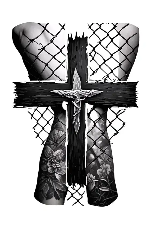 wire fence with cross behind it on arm sleeve featuring a collage tattoo design idea