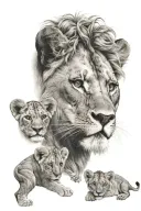 face woman half human half lioness 2 lion cubs tattoo design idea