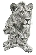 face woman half human half lioness 2 lion cubs tattoo design idea