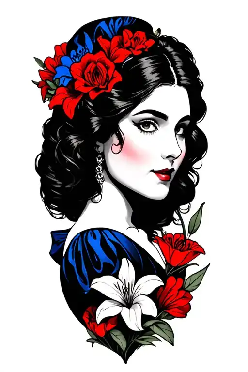 Black and white with red and blue as an accent. with lilies as a base and accents of the evil stepmother and snow white tattoo design idea