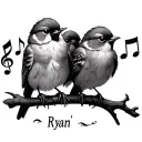 "Ryan" 3 little birds with music notes tattoo design idea