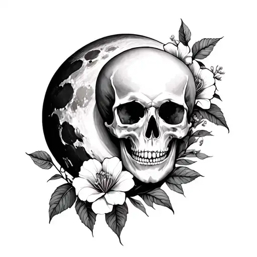 moon + snapdragon flowers and skulls tattoo design idea