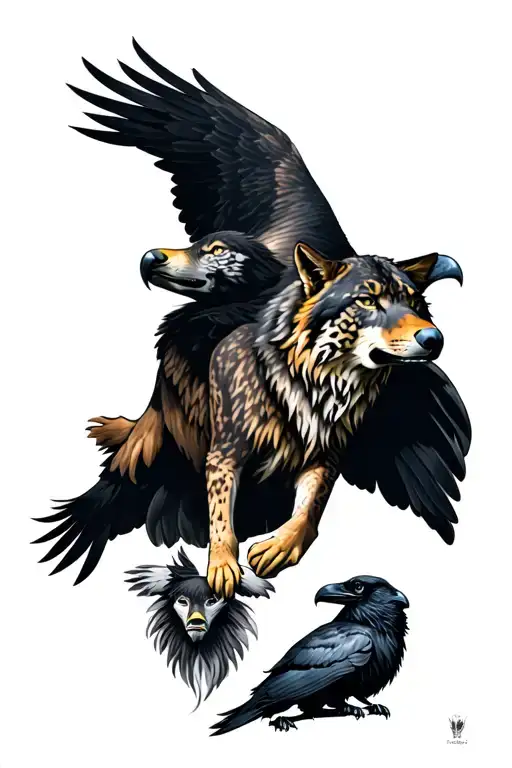 Lower leg sleeve. Wolf on the calf, Eagle with spread wins under the knee cap, Jaguar and Raven on the sides of the leg tattoo design idea