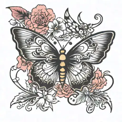 butterfly, smoke and sakura tattoo design idea