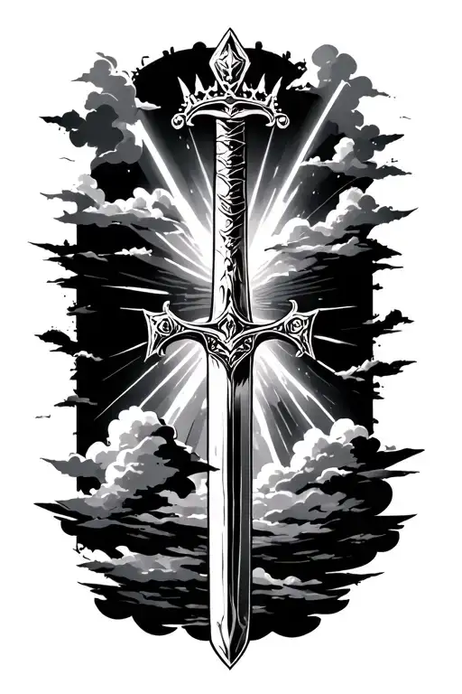 sword straight up with an crown at the tip and light rays shining down, surrounded by clouds  tattoo design idea