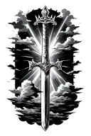 sword straight up with an crown at the tip and light rays shining down, surrounded by clouds  tattoo design idea