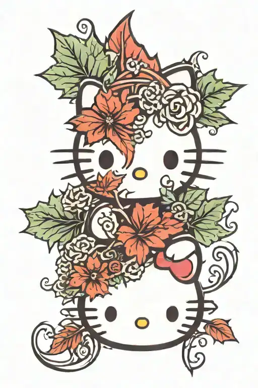 hello kitty with maple leaf background black tattoo design idea