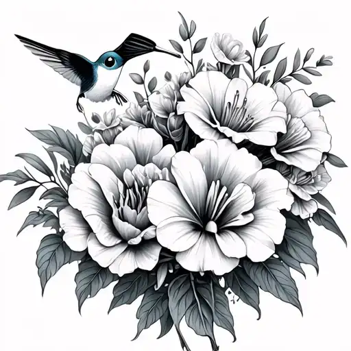 black and white realism lilies and carnations filling the design. hide a hummingbird and Squirtle in the flowers tattoo design idea