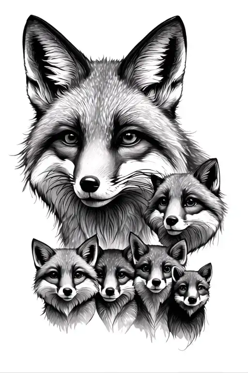 A sketch of a black and white tattoo on the hand from the shoulder to the brush, the idea: the family of foxes, husband, wife and three daughters, portray the husband of the fox so tattoo design idea