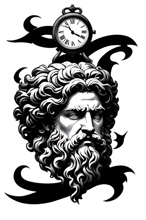 Greek Mythology zeus face with clock surrounded tattoo design idea
