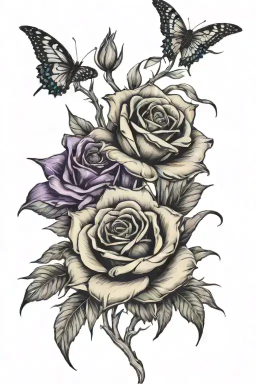 yellow Roses purple freesias and star gazer lilys with thorns wrapped around them tattoo design idea