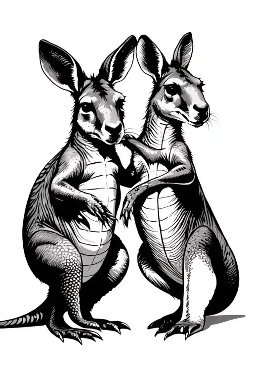 kangaroo crocodile holding each other tattoo design idea