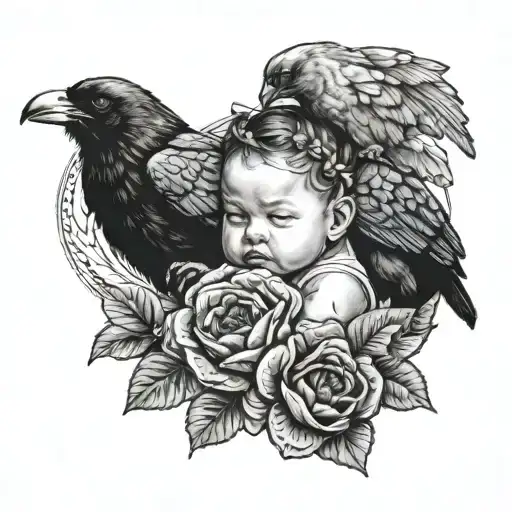 drawing of a baby face, with two ravens holding poppy flowers in their beaks, and a banner under the baby with "Sienna" tattoo design idea
