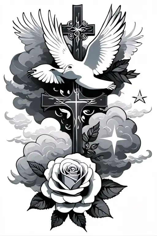 Clouds and White stars and doves and  a rose and a Catholic Cross tattoo design idea