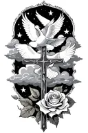 Clouds and White stars and doves and  a rose and a Catholic Cross tattoo design idea
