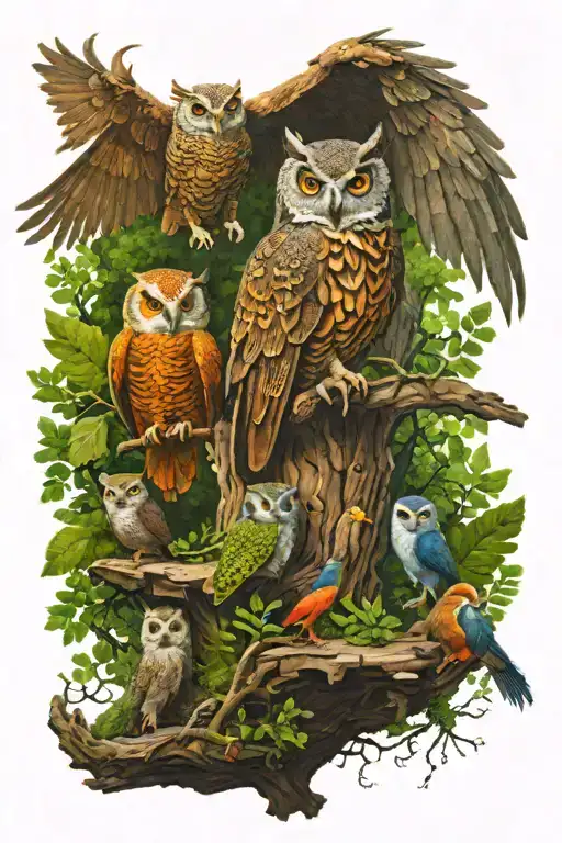 An Owl, an Ancient Dragon and a Phoenix. They are gathered around a mossy old table in nature, with lighting in the back tattoo design idea