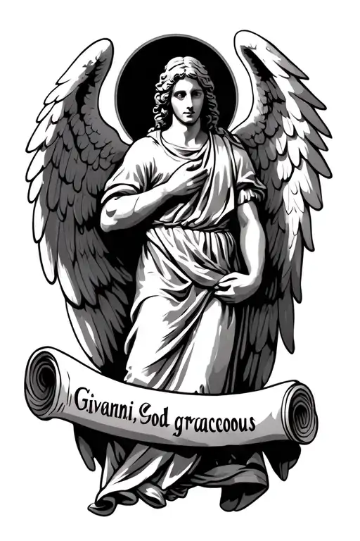 Angel holding a scroll with the words "Giovanni, God is gracious" tattoo design idea
