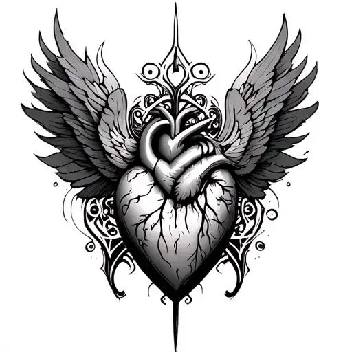 futuristic sacred heart lower throat tattoo detailed with Roman filigree background  tattoo design idea